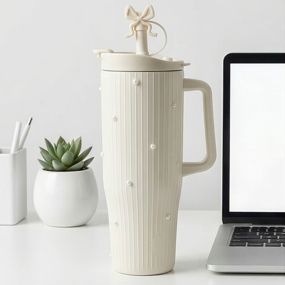 Cream Pearl-Accent Stainles Steel Tumbler with Handle